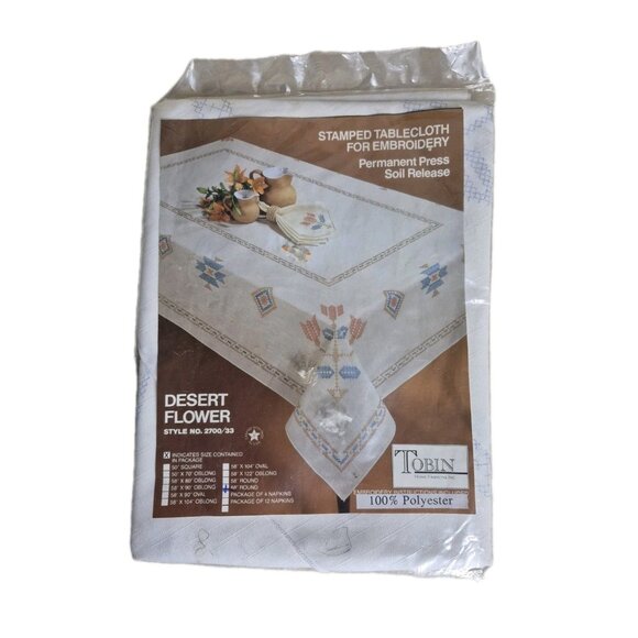 Vintage Tobin Embroidery Desert Flower Southwest Design 58x104 Tablecloth - Picture 8 of 8